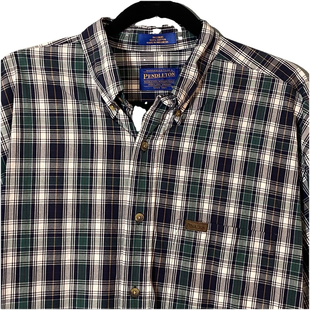 Pendleton Mens Button Up  Short Sleeve Shirt Cotton Plaid‎ Medium Blue Green